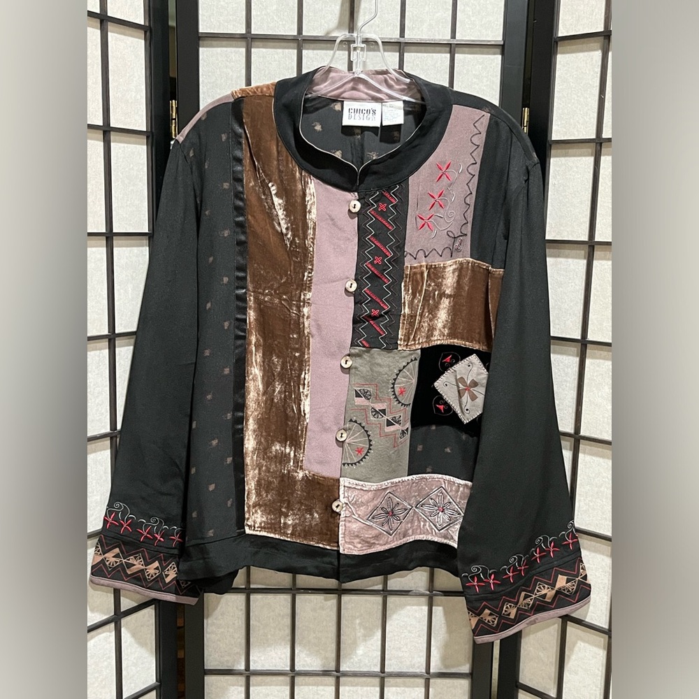 Chico’s Design Eclectic Silk / Velvet Patchwork Button Front Jacket - Size L View 6
